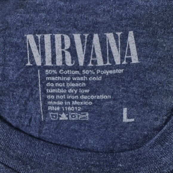 Nirvana Band T-Shirt Sz L Blue Classic Smiley Face Kurt Cobain Rock Band Grunge - Picture 5 of 6